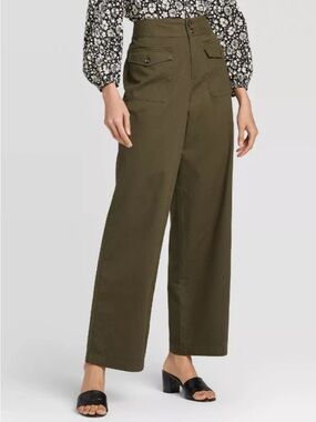 Who What Wear Olive Green Wide Leg Pants High Rise Cotton Trousers 27" Inseam